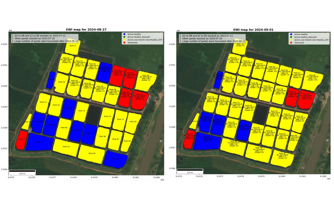 Risk alert maps from the early warning system, ponds coloured by risk class on two dates