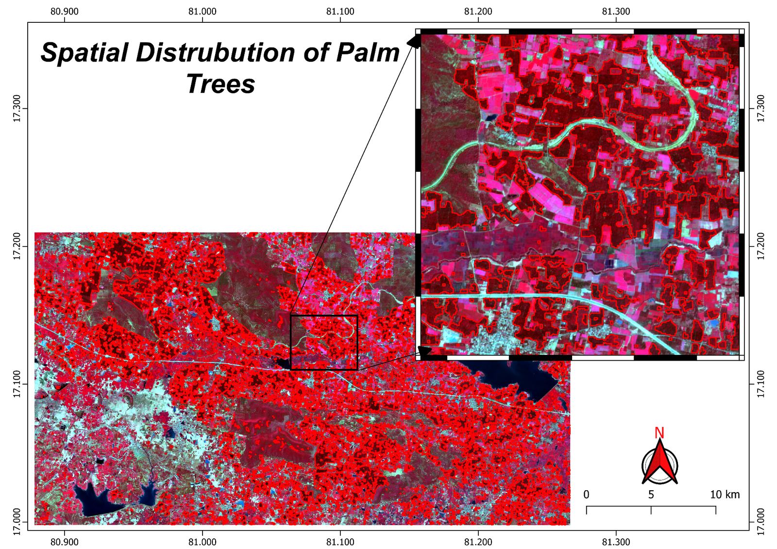 Map of palm tree spatial distribution across the study area, with an inset showing classified polygon boundaries over a false colour composite