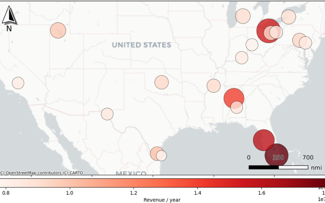 Map of the top 20 revenue-maximising locations for new stores across the United States